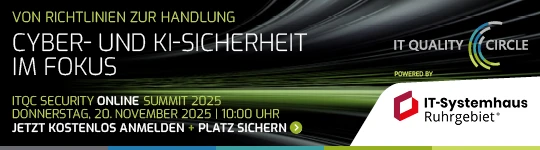 Banner für den IT Quality Circle mit Informationen zu Cyber- und KI-Sicherheit im Fokus, präsentiert von IT-Systemhaus Ruhrgebiet.