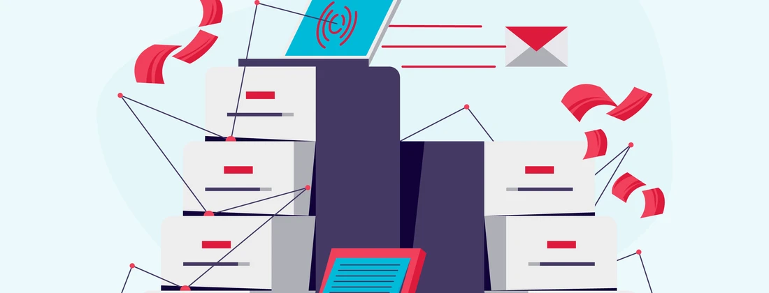 Grafische Darstellung von Datenwiederherstellung mit einem Laptop und mehreren Aktenordnern.