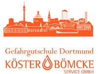 Logo der Gefahrgut Schule Dortmund, Köster Böhmcke Service GmbH mit stilisiertem Stadtbild im Hintergrund.