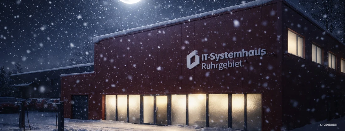 IT Systemhaus Ruhrgebiet Gebäude im Winter mit Schneefall und beleuchteten Fenstern.