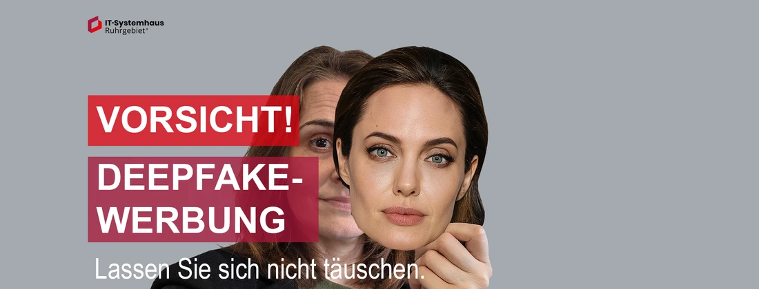 Frau mit einer Deepfake-Maske von Angelina Jolie, die vor einem grauen Hintergrund gehalten wird.