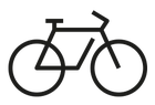 Schwarz-weißes Symbol eines Fahrrads, das zwei Räder und einen Rahmen darstellt.