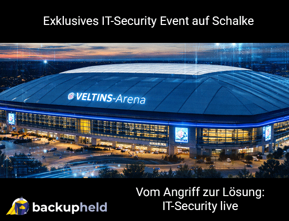 VELTINS-Arena bei Abenddämmerung mit digitalen Netzwerk- und Datenlinien als Symbol für IT-Security Event auf Schalke